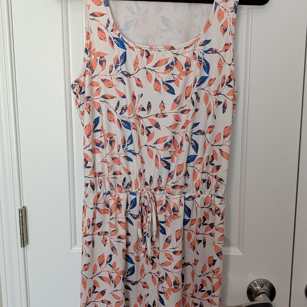Sleeveless Leaf Print Drawstring Waist Dress - White & Coral